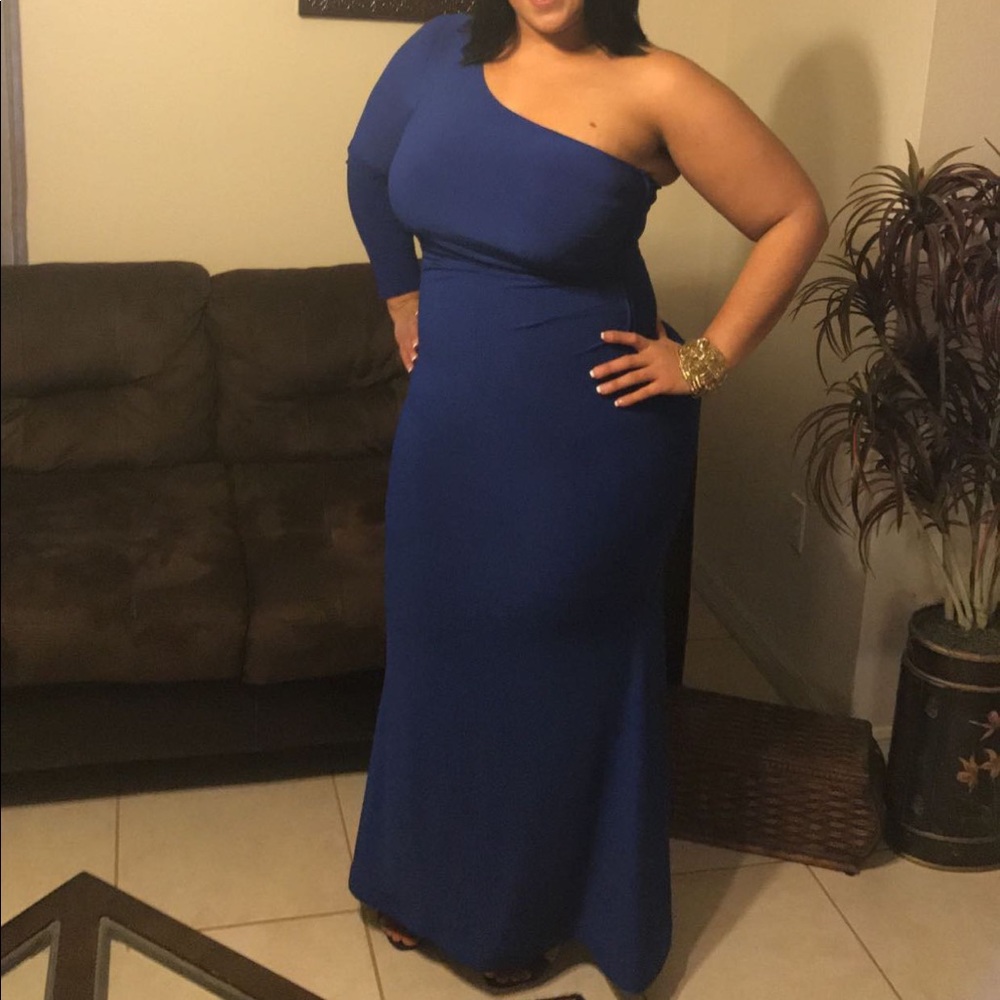 Royal Blue One Shoulder Long Sleeve Evening Gown
